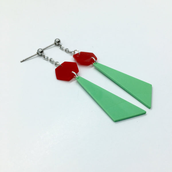 Mint green and red hexagon earrings