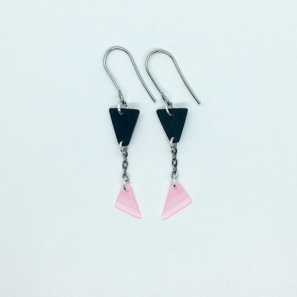 Black and pink dangling triangle earrings