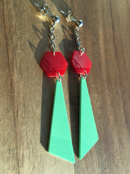 Mint green and red hexagon earrings