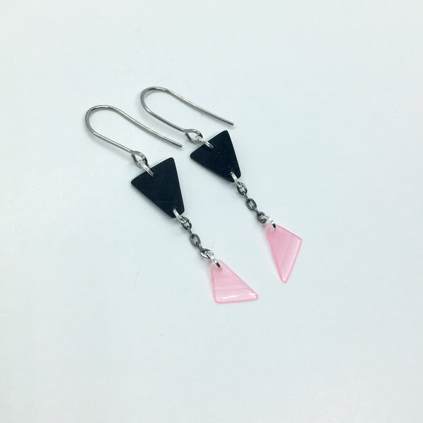 Black and pink dangling triangle earrings