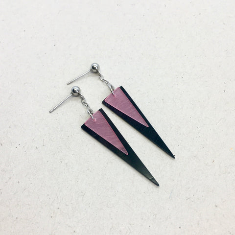 Black and pink stacked triangle earrings