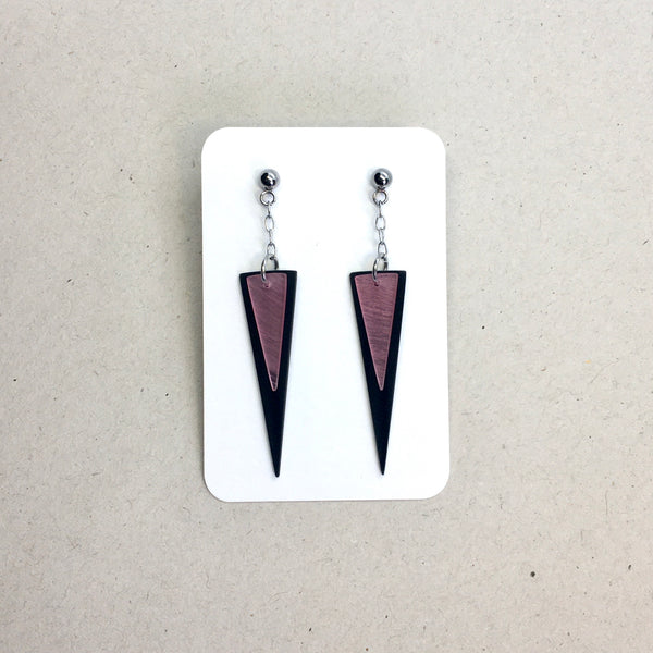 Black and pink stacked triangle earrings