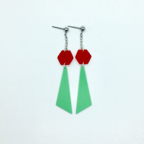 Mint green and red hexagon earrings