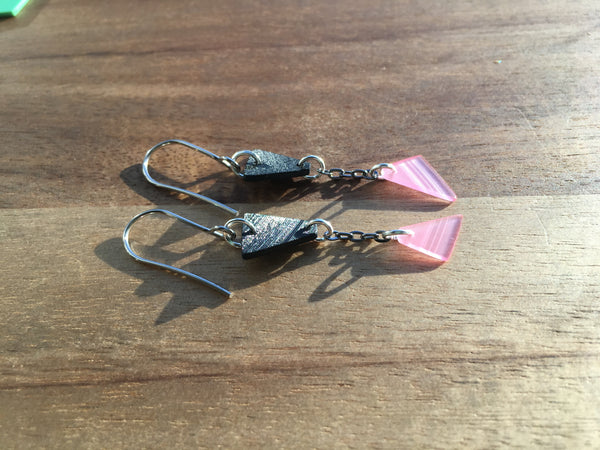 Black and pink dangling triangle earrings